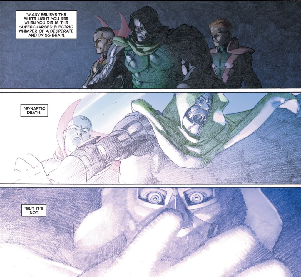 I believe it was  @DavidUzumeri who argued that the meta fictional natural of the Beyonders power and manipulation of the narrative is denoted by a sketchier crosshatched art style when that power is used in the narrative.It looks like a sketch, a rough draft.(Secret Wars #1.)