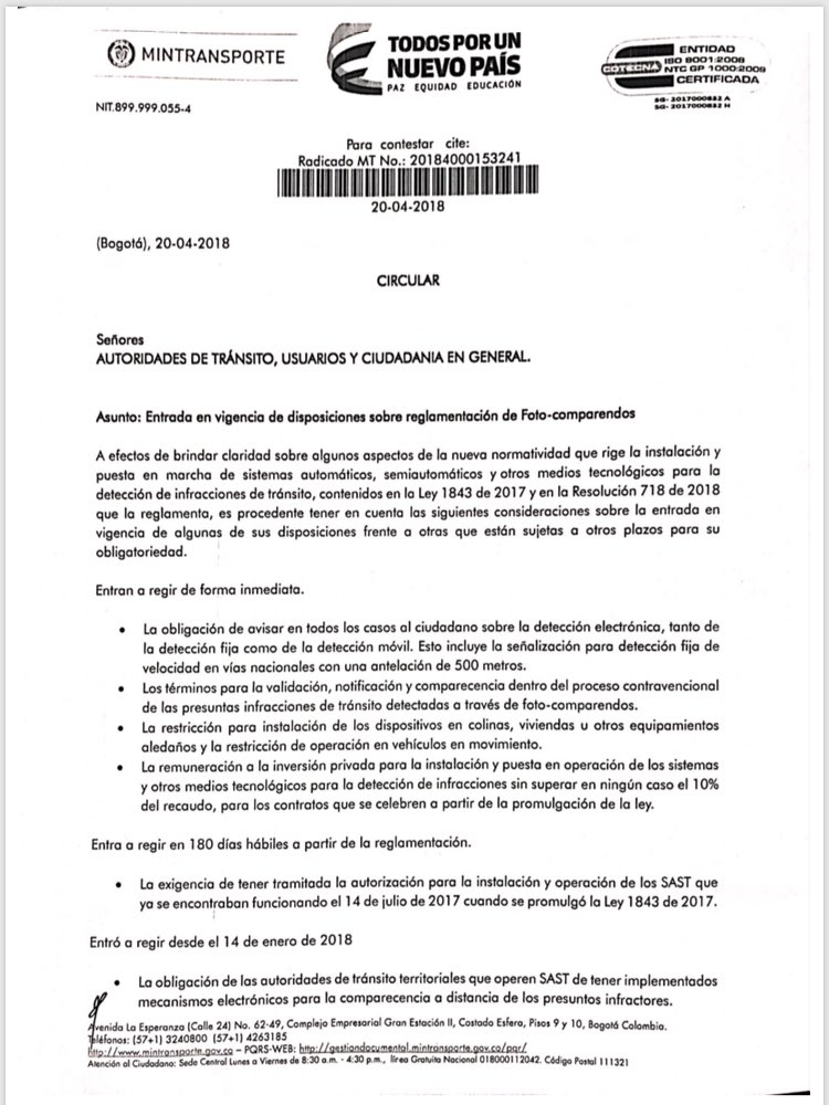 MAguilarHurtado's tweet photo. #ParaTenerEnCuenta ⬇️ con la circular 20/04/2018 de @MinTransporteCo y gracias a nuestra Ley 1843 y su reglamentación, ud podrá defenderse de las #Fotomultas, para ello ya se encuentra en vigencia. @andreschavesp @ELTIEMPO https://t.co/KnVQdxe1sq