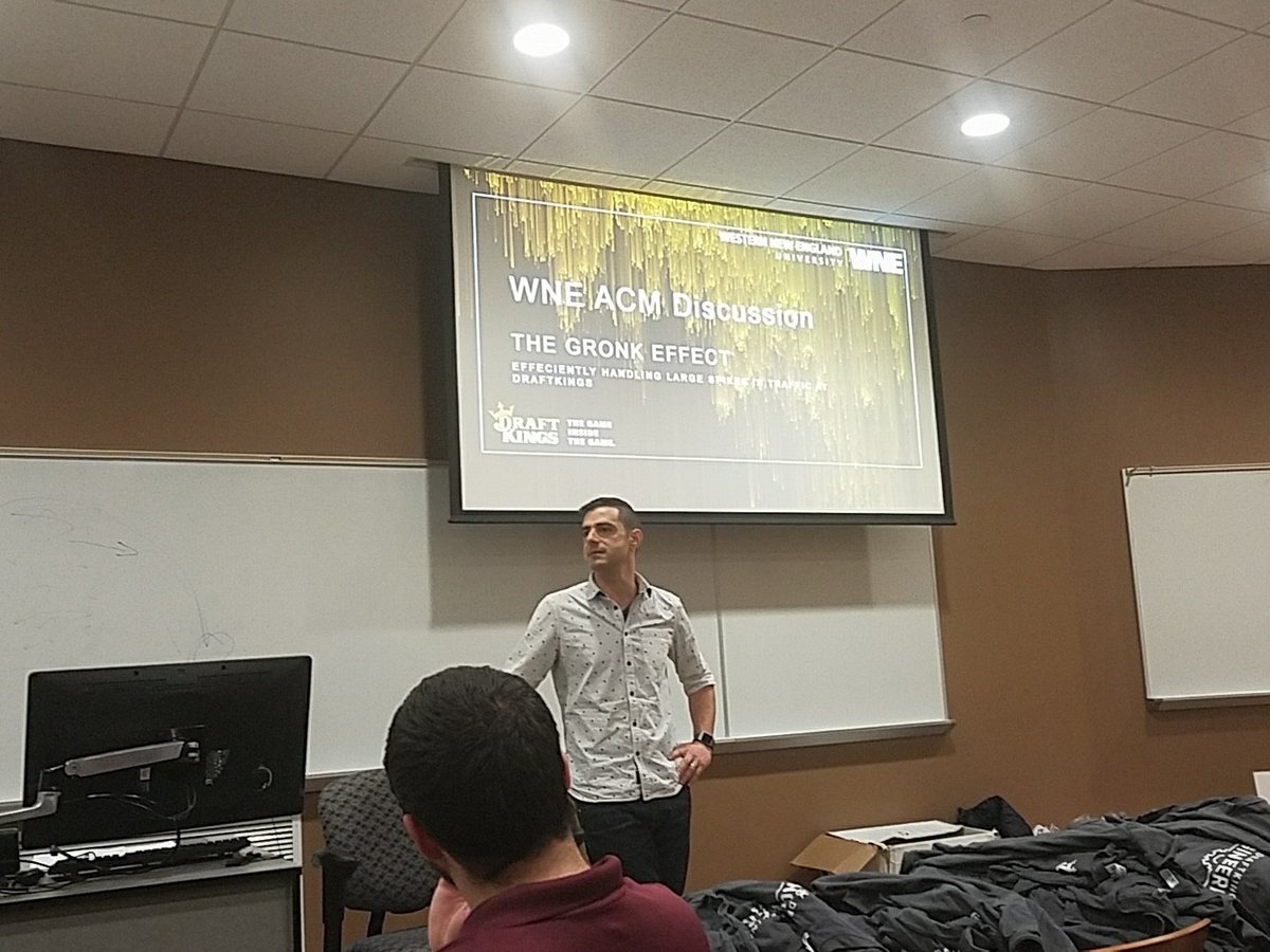 WNECSIT's tweet photo. Andrew Arace (WNEC CS '02) now talking at the ACM Networking event about his time since graduation and his current job at @DraftKings. "Software engineers solve software problems." https://t.co/4ew9qsxe9i
