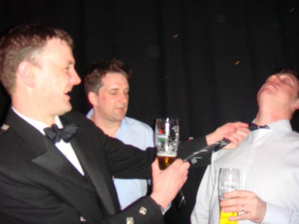 babascurling's tweet photo. Throwback Thursday: @CurlEdinburgh ECC Centenray Dinner, 2012? Ross takes his dislike of the 'club tie' concept to a new level @john_frazer.  James can't bear to watch... #TBT #TBThursday #curling #clubtiegate #nofrazerswereharmedinthemakingofthispic https://t.co/CN4y6TSM0A