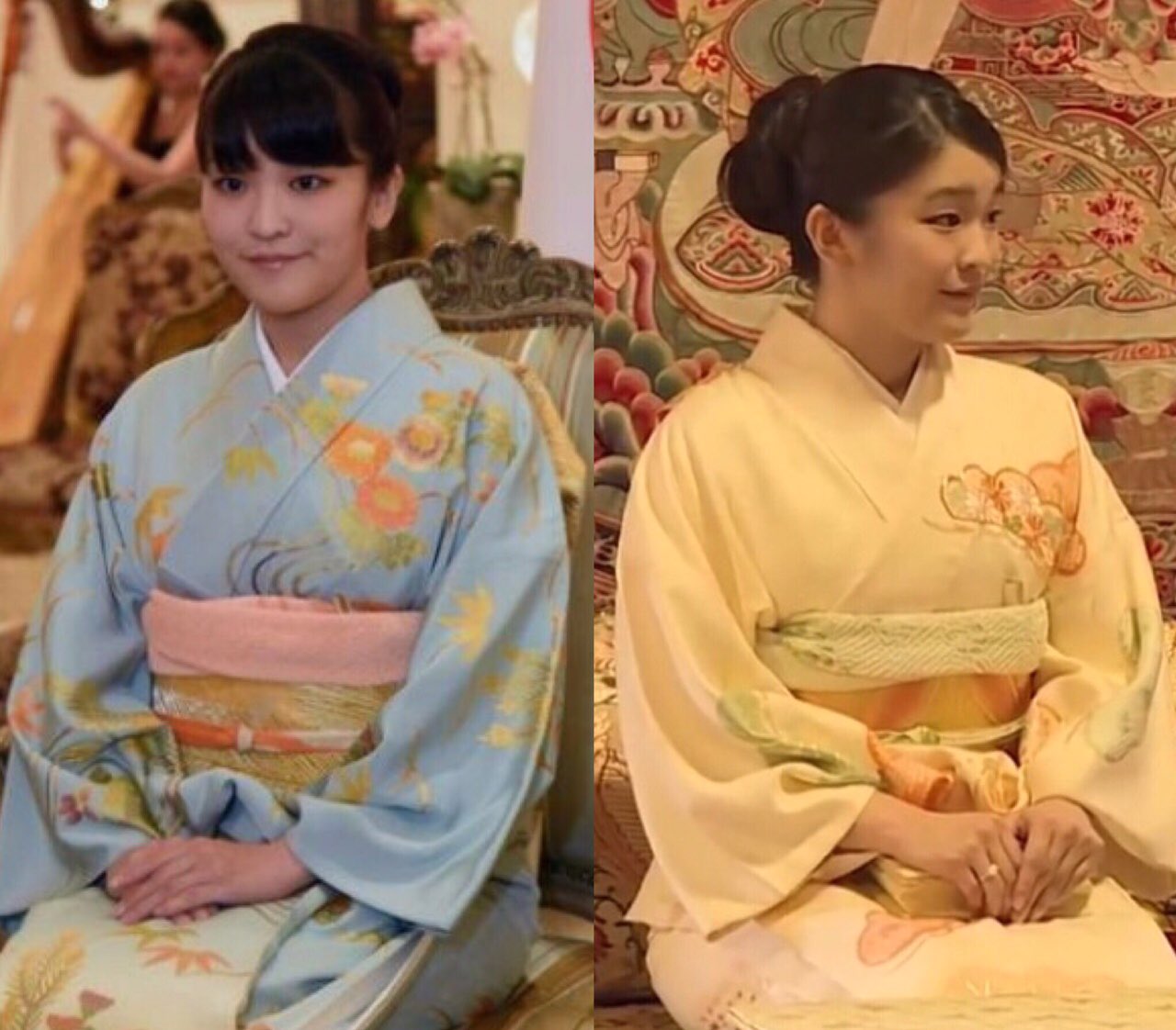 愛子さまを取り戻そう 眞子内親王殿下と偽マコ比較 18 04 26 木 19 46 左 眞子内親王殿下 右 偽者 ブータンに行った偽者 眞子様より小柄で平ベタい顔 振袖を丸めて膝に置いてしまう 着たことが無い身分の偽者 皇室全般画像掲示板より 小室圭 眞子