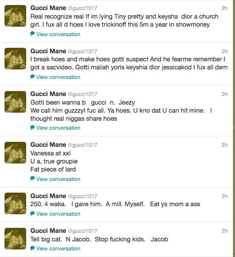 Quuaandadon's tweet photo. Kanye West twitter rants ain’t have shit on Gucci Mane back in 2013 when he let the choppa go on everybody 😭😭😭 https://t.co/9MnPJOotAX