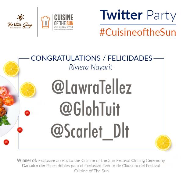 villagroup's tweet photo. Congrats to the winners of the Twitter Party #CuisineoftheSun en Riviera Nayarit! 
¡Felicidades a l@s ganador@s!
@LawraTellez @GlohTuit @Scarlet_Dlt https://t.co/w1Bq8pmk0f