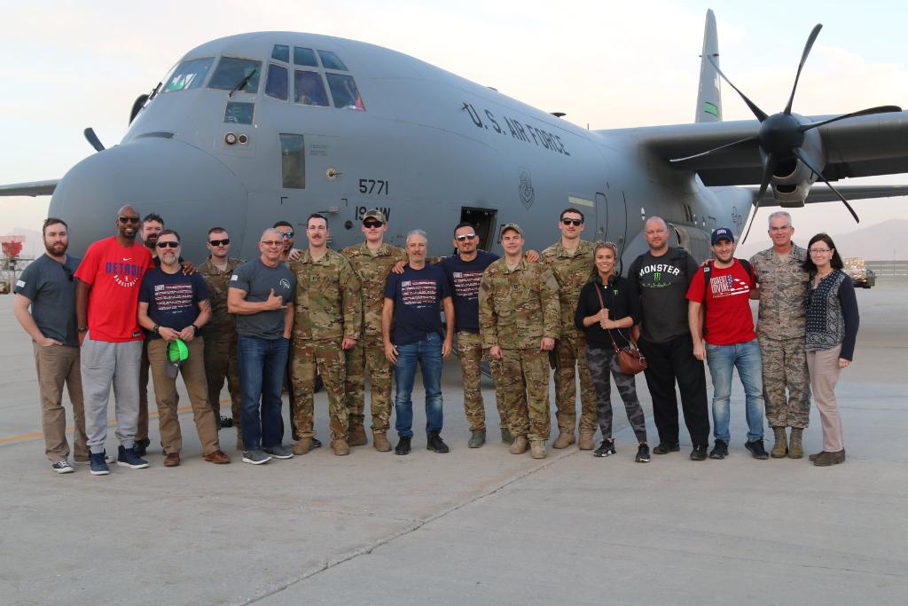 Jon Stewart, @cmorganmusic, @RobertIrvine, @PaigeVanzantUFC, @BlessedMMA and Richard 'Rip' Hamilton have landed in Afghanistan with @thejointstaff to entertain service members and put on a show! #USOViceTour