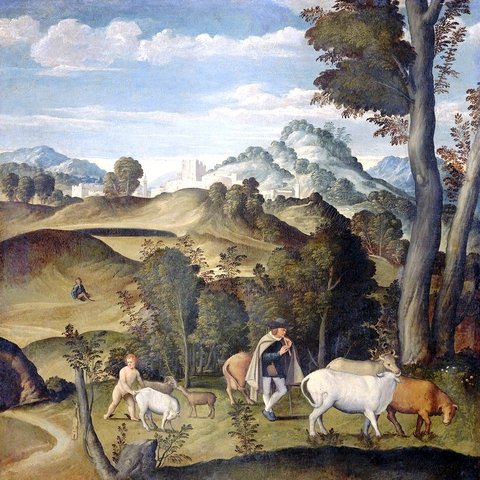Hermes steals Apollo's cattle.To cover his tracks Hermes drove the cows out backwards.