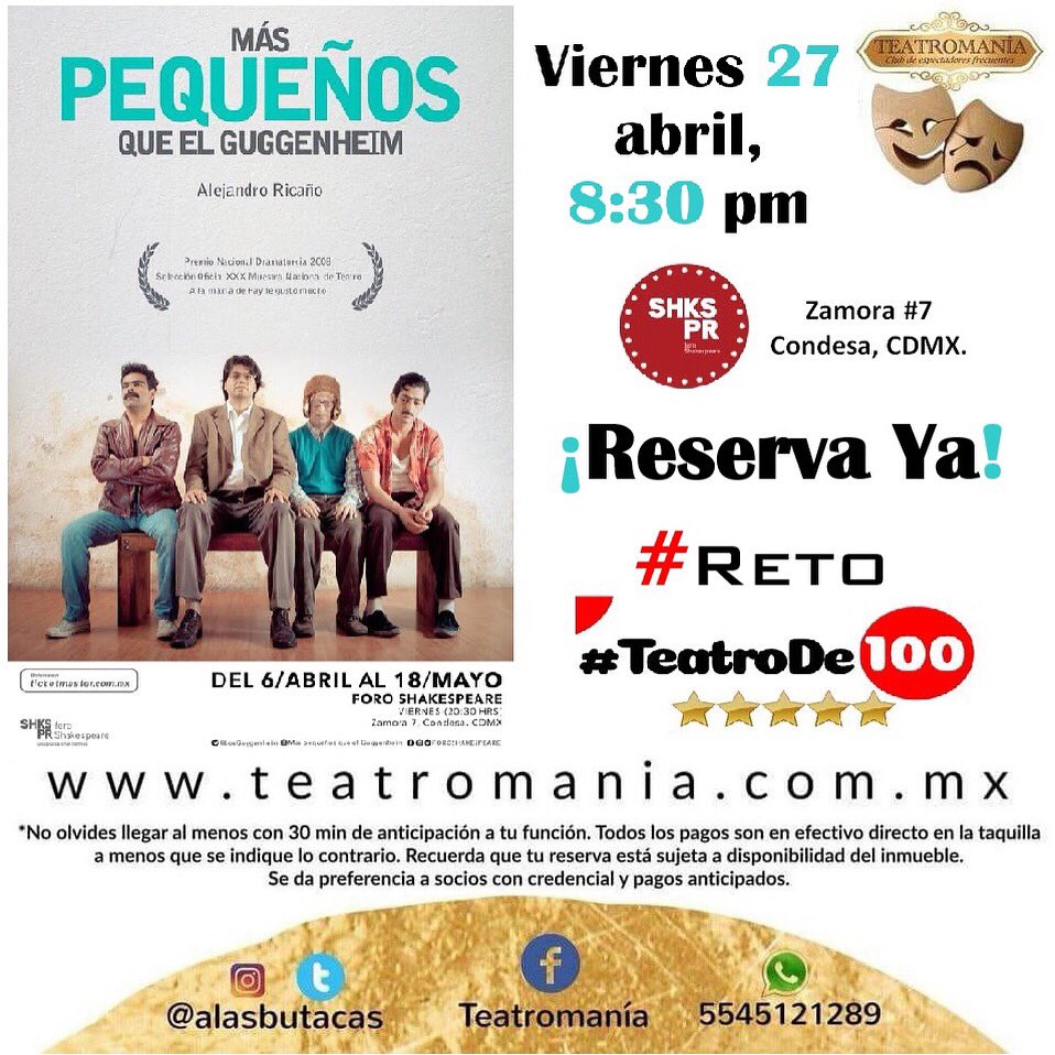alasbutacas's tweet photo. El famosísimo “viernes de amigos” toma otro sentido en #MásPequeñosQueElGuggenheim
Reserva aquí tus boles #TeatroDe100 y ve a conocer a 4 amigos que saben bien lo que significa #VivirElTeatro
Con @vazquezadrian75 #HamletRamirez @AustinGMorgan1 y #MiguelCorral @LosGuggenheim https://t.co/imAEpgbi2r