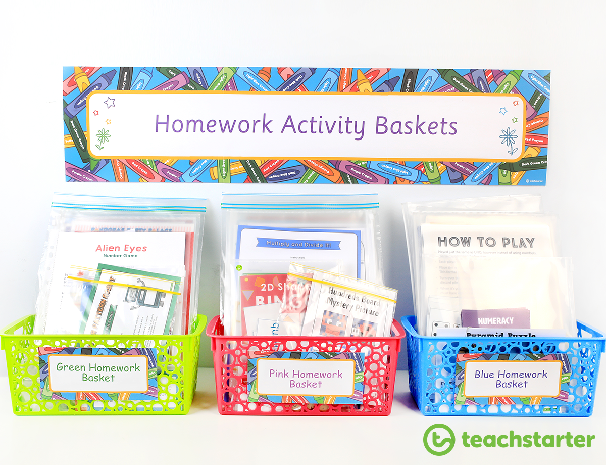 TeachStarter's tweet photo. Creating levelled baskets of homework activities and games is a great way to ensure that the work your students take home is meaningful and manageable. https://t.co/dw1iOQ8TVm https://t.co/iZB7gT3tub