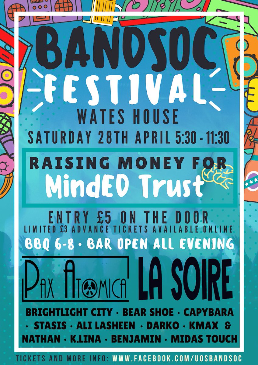 UoS_BandSoc's tweet photo. Catch us in the @surreylib Foyer tomorrow, selling BandSoc Festival tickets, bakes &amp; cakes in collaboration with NutriSoc, all raising money for MindEd Trust! https://t.co/cj6lg0kd9g