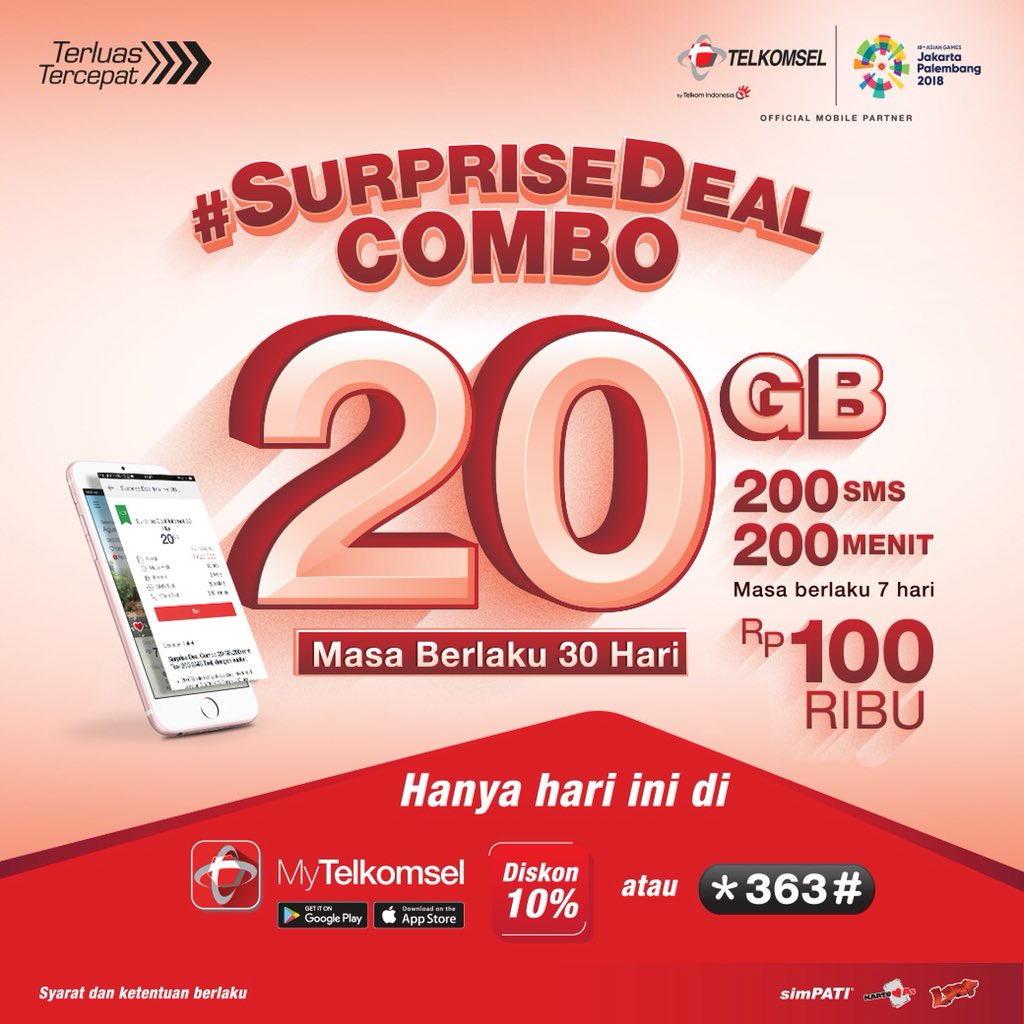 100ribu dapet paket lengkap ? Dapet 20GB, 200 SMS dan 200 menit telpon ? 
Mungkin ga sih ?
Mungkin dong! Cuma hari ini  #SURPISEDEAL COMBO, aktifin di myTelkomsel atau akses di *363#
#telkomsel #telkomselarea2