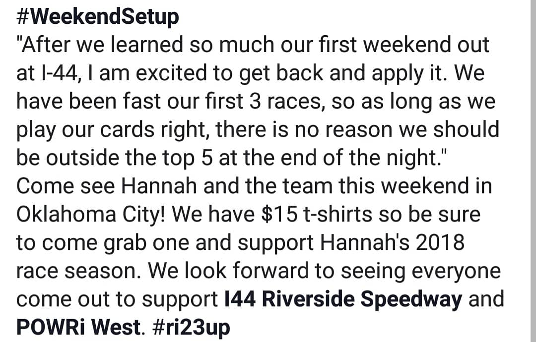 HAdairRacing's tweet photo. #WeekendSetup for @I44SpeedwayOKC with @POWRi_WEST! Excited to kick off 3 straight weekends of racing at 4 different tracks. Come see us! https://t.co/7WBDLFKMCF