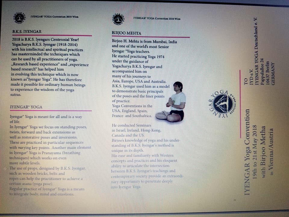 Amazing opportunity to learn from one of the best senior teachers of #Iyengar #Yoga. Wholehearted invitations to all sincere students.
Birjoo Metha in Vienna, Austria 19 - 21 May 2018