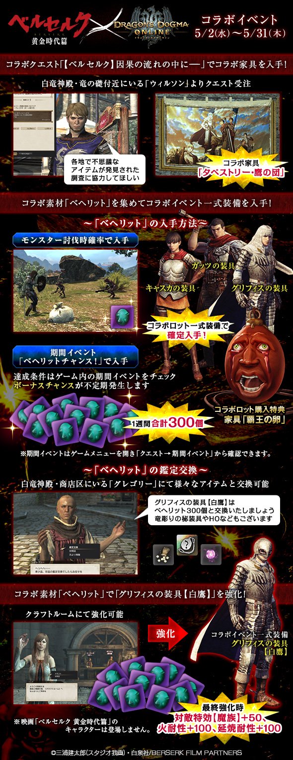 ドラゴンズドグマ オンライン 公式 劇場版ベルセルクコラボ 本twitterにて 劇場版ベルセルクコラボ のアイテム ベヘリット がもらえる期間イベントの配信タイミングをお知らせします 期間イベントは週に4回 各回6時間のみの発生なので こまめ
