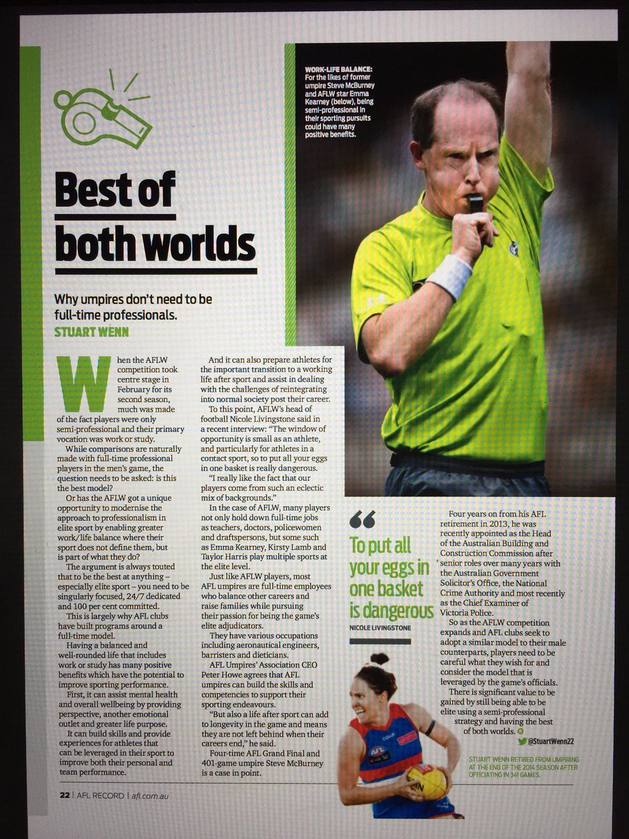 ICYMI: why <a href="/AFLW/">John Tabellione</a> players and <a href="/AFL/">AFL</a> umpires should not be rushing to be full time - “better balance, performance and preparation for life after sport can be achieved by having the best of both worlds”.