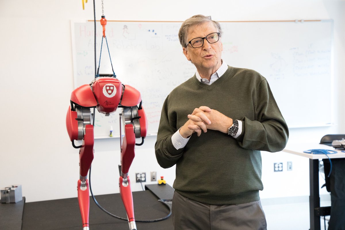 Harvard's tweet photo. We loved having @BillGates back on campus today! He toured through several robotics labs to see the latest faculty and student research, then participated in a student Q&amp;A hosted by Provost Alan Garber and  @hseas Dean Frank Doyle. https://t.co/gpgyodUIaE