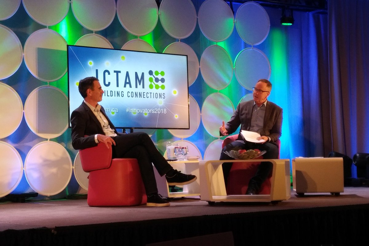6pmarketing's tweet photo. Lawrence Levy speaking @ictam #innovators2018 with @KevinNewmanCTV on his background with @pixar I #6ptech https://t.co/sl3YfW8GGw