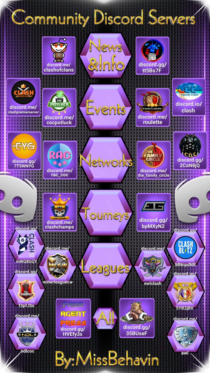 ☆Community Discord Servers☆ I hope my 3 posters makes it easier to find information about our leagues and community so pass them around! <a href="/ClashChamps/">Clash Champs</a> <a href="/clash_cup/">Clash Cup</a> <a href="/MinerLeagueCW/">MLCW</a> <a href="/cocpotluck/">CoCPotluck</a> <a href="/familycirclecoc/">The Family Circle</a> <a href="/RedditClash/">/r/ClashofClans</a> <a href="/clash_roulette/">Clash Roulette</a> <a href="/ClashNewsHub/">Clash News Hub</a> <a href="/EYG_FamilyCoC/">EYG - Evolve Your Game</a> @casual_clash