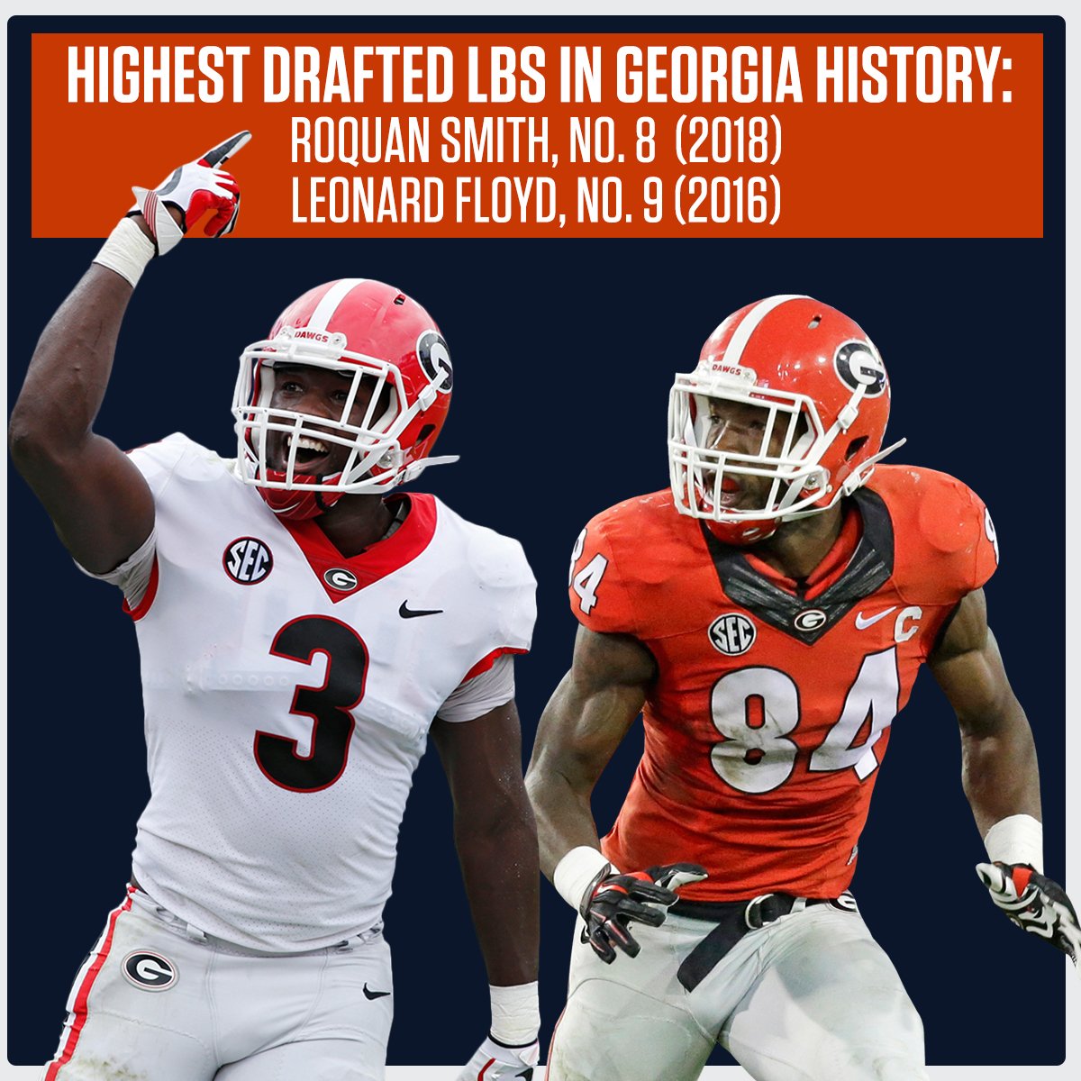 SECNetwork's tweet photo. The highest drafted LBs in @FootballUGA history:

8th overall: @RoquanSmith1 (2018)
9th overall: @Leonard90Flo (2016)

*both drafted by the @ChicagoBears https://t.co/bNPlcRFvhc