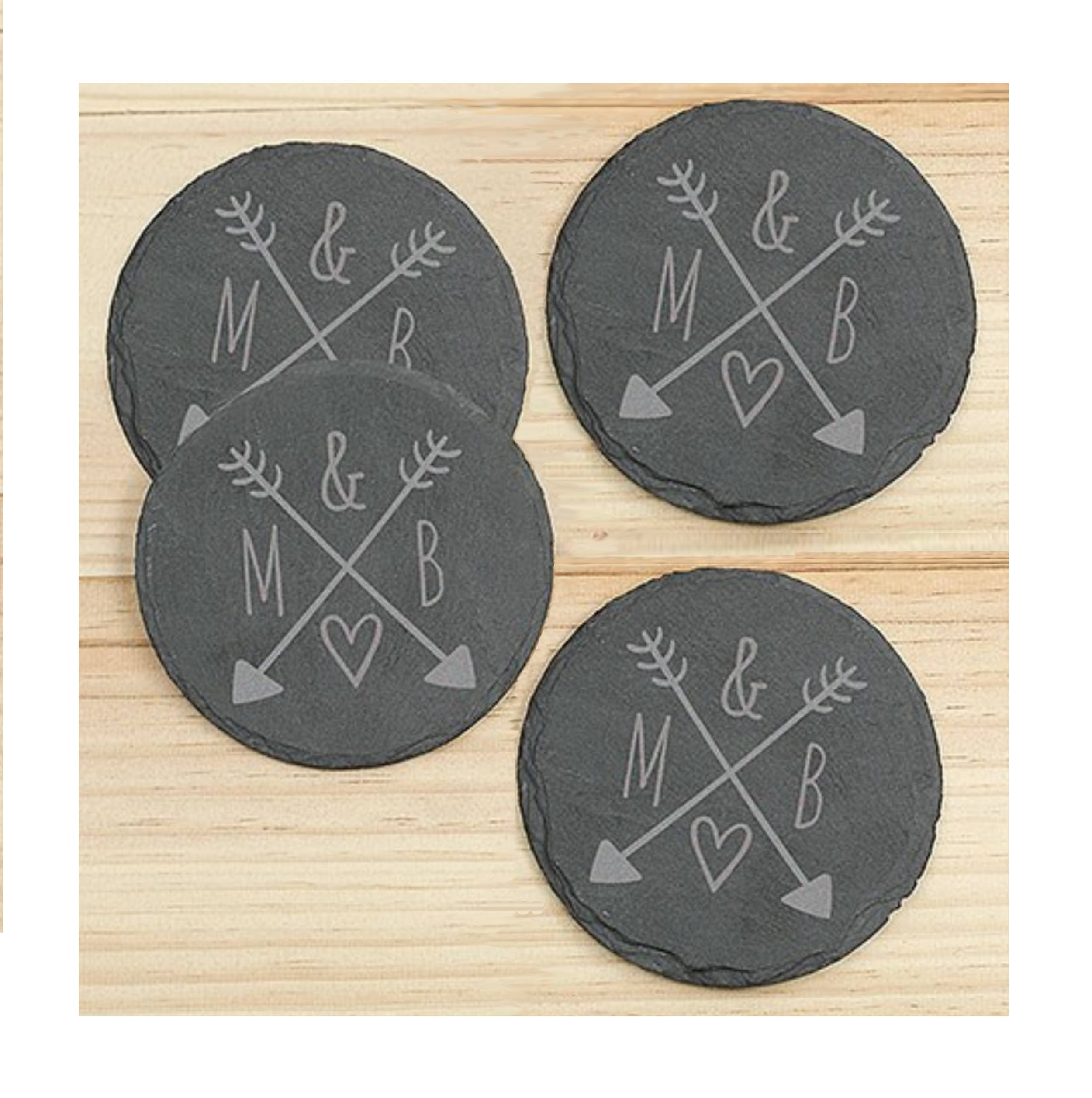 Personalised Engraved Round Slate Wedding Coaster Mr&Mrs Hearts and Arrows 