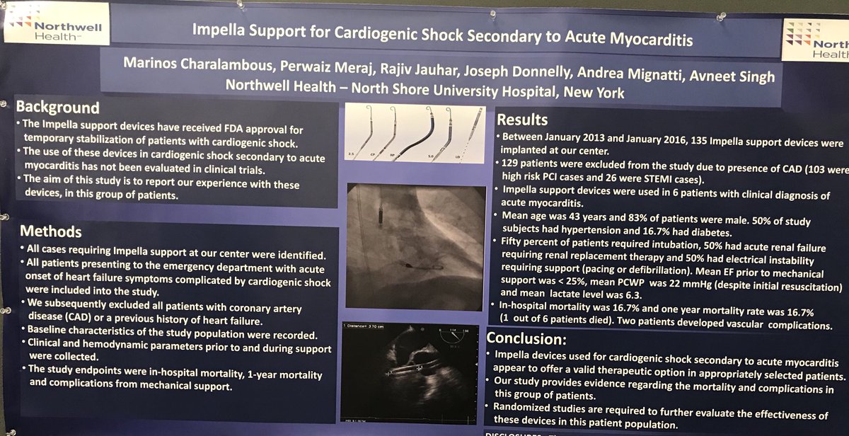 DrSethdb's tweet image. #SCAI18 
Acute myocarditis complicated by cardiogenic shock treated @NorthwellHealth with 17% one year mortality. 
#HeartRecovery