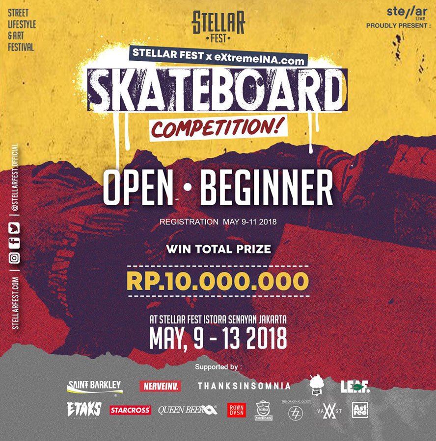 #Skateboard #Competition <a href="/StellarFestCom/">Stellar Festival</a> X eXtremeINA.com | Beginner &amp; Open | FREE registration 9-11 May 2018 | Prize 10jt
Best Trick bakalan dapetin Board dari <a href="/nerveinvention/">NERVE INVENTION</a> More info: @extremeinaofficial | Email : redaksi@extremeina.com
#stellarfest #stellarfest2018