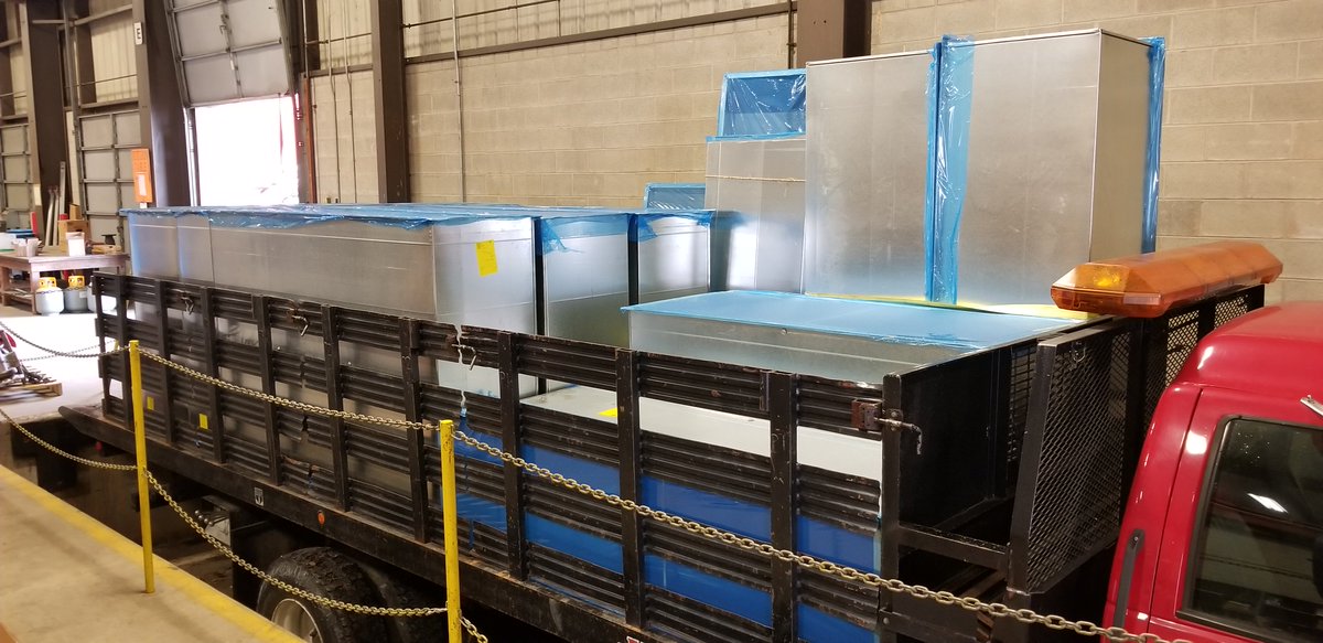 JamesCRAFTSon's tweet photo. Another load of ductwork heading to a hospital project in Harrisburg…this ductwork was fabricated in our state-of-the-art, computerized sheet metal shop.  The blue plastic wrapping is to keep the ductwork clean during transport and staging at the site. https://t.co/0GmZFU0brG