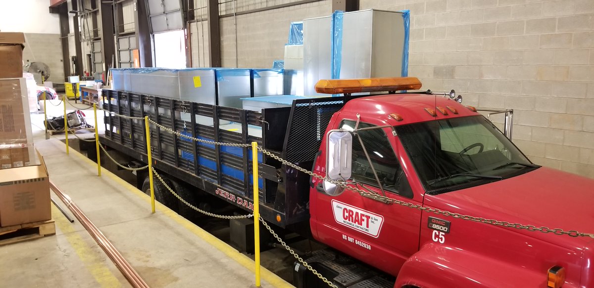 JamesCRAFTSon's tweet photo. Another load of ductwork heading to a hospital project in Harrisburg…this ductwork was fabricated in our state-of-the-art, computerized sheet metal shop.  The blue plastic wrapping is to keep the ductwork clean during transport and staging at the site. https://t.co/0GmZFU0brG