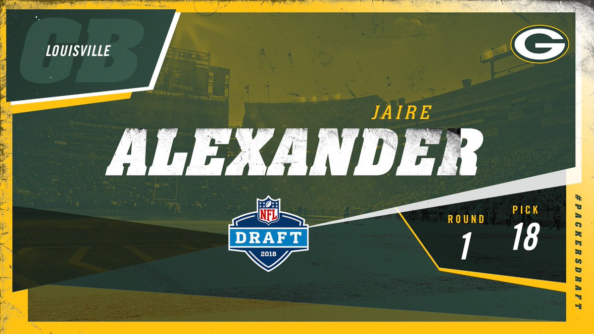 packers's tweet photo. With the 18th pick in the 2018 #NFLDraft, the #Packers select Louisville CB Jaire Alexander!

#PackersDraft #GoPackGo https://t.co/tMECzTnOHd