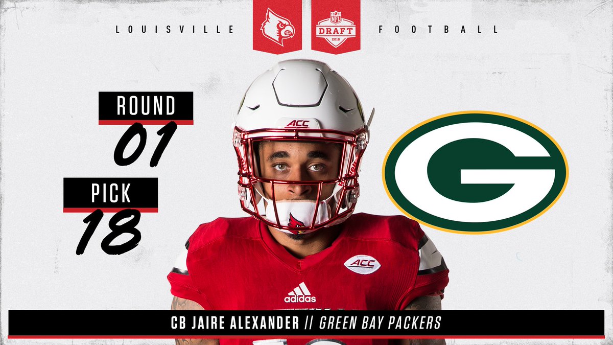 LouisvilleFB's tweet photo. The wait's over. The dream's a reality. Jaire's Green Bay bound! 🧀

With the 18th pick in the 2018 #NFLDraft, the @Packers select @JaireAlexander! https://t.co/RkPypySJl1