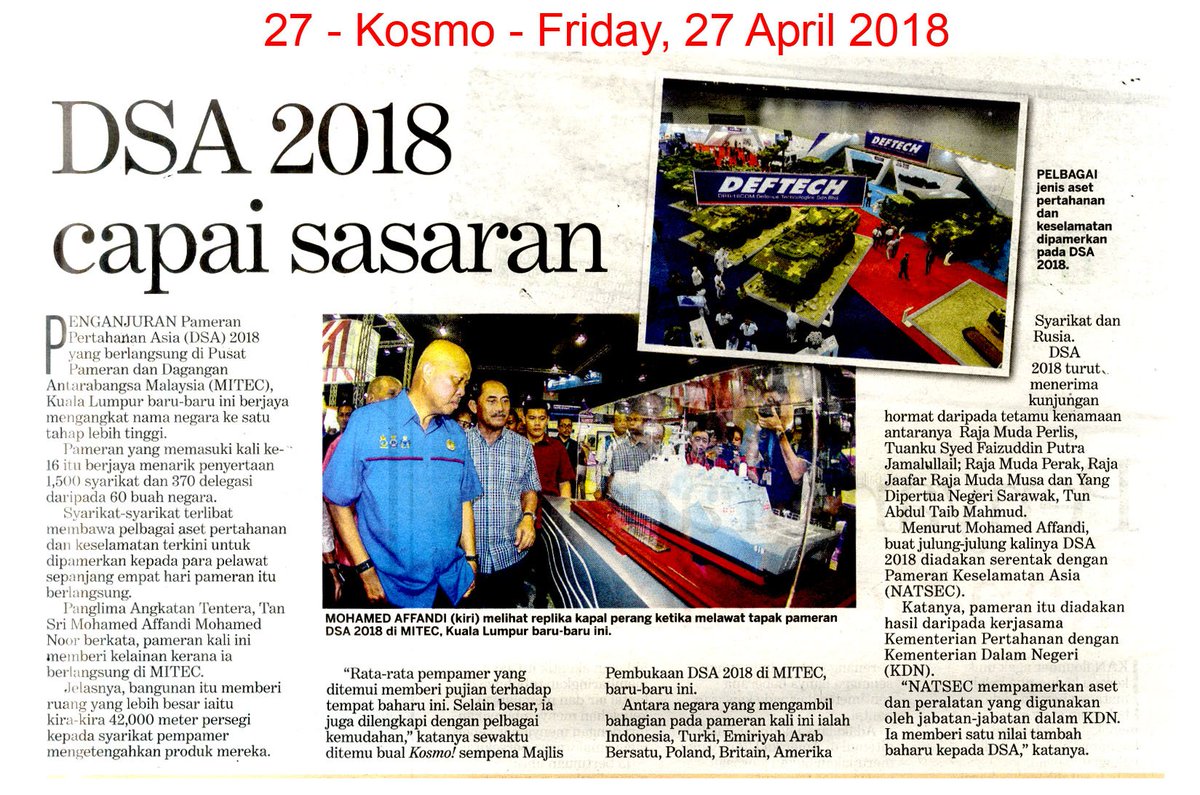 MINDEFMalaysia's tweet photo. Penganjuran #DSA2018 di MITEC,KL berjaya mengangkat nama Malaysia ke satu tahap lebih tinggi apabila berjaya menarik penyertaan 1,500 syarikat dan 370 delegasi daripada 60 buah negara.
#NATSEC2018
#NATSECAsia2018
#30YearsOfDSA
#DefenceDiplomacy
Sumber: @kosmo_online https://t.co/CTtg4L6SLW