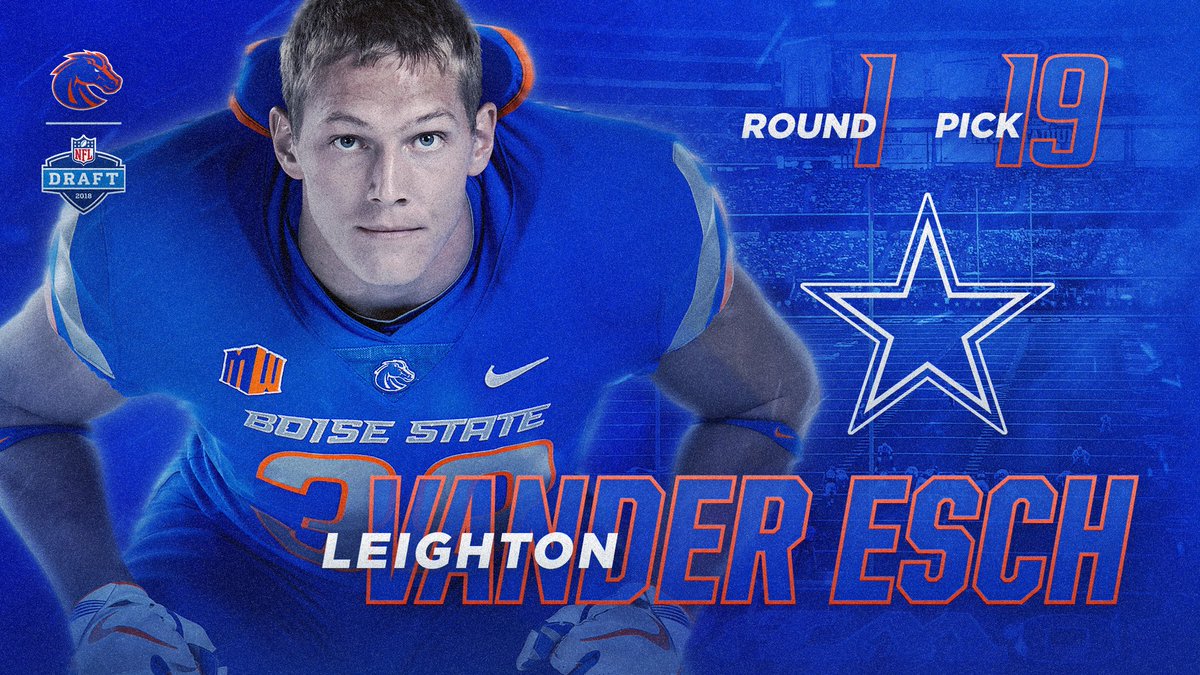 BroncoSportsFB's tweet photo. America’s Team! @VanderEsch38 becomes the fifth Bronco selected in the first round of the #NFLDraft, going No. 19 to the @dallascowboys! #BleedBlue https://t.co/F8hPVEh1VC
