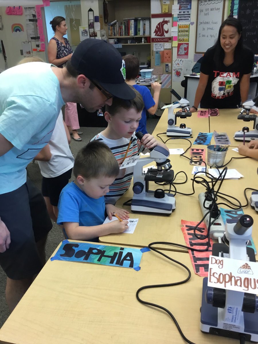 CougTeacher's tweet photo. Imlay STEAM night is making scientists out of our families! Thank you @HSF4kids for the grant that funded our microscopes. #STEAM #teachimlay #GoTeamEagle https://t.co/1xkAQSkeL2
