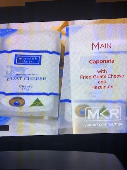 MeredithDairy's tweet photo. Caponata with fried goats cheese on Sunday night's #MKR featuring our original chevre. Good on ya Stella and Jazzey ! https://t.co/bYAhjeYKkI