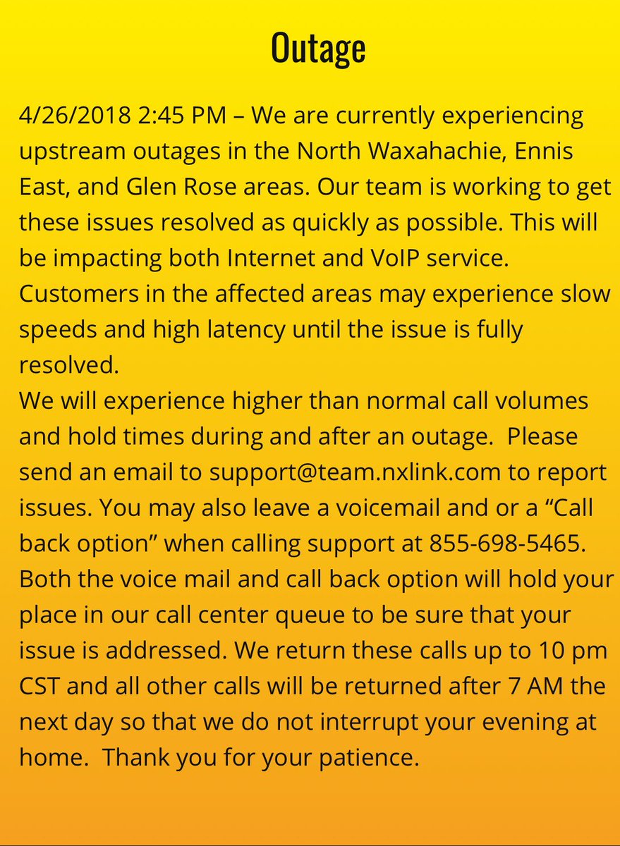 TXisHome's tweet photo. Why is there no update from @nxlink since 2:45pm on this outage? Another major outage like every other month!!  Can’t wait for some competition to take this business. @EllisCounty_TX @wfaa @BLifeMidlothian @MidloMirror #Midlothian https://t.co/Othacm7g02