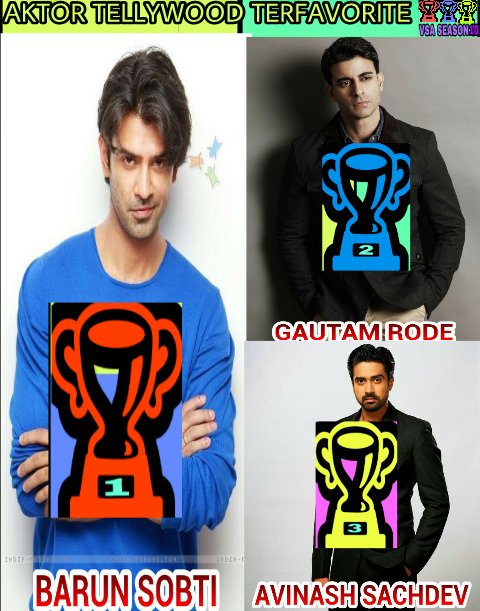socmedvote's tweet photo. #VSASEASON10
#AktorTellywoodTerfavorite
JUARA1= @BarunSobtiSays
JUARA2= @gautam_rode
JUARA3= @avinashsachdev4 https://t.co/rNsC8PTsvE