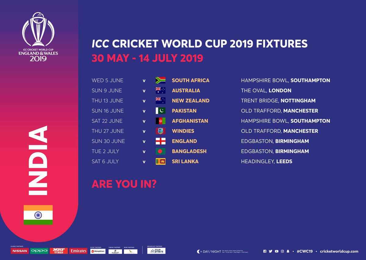 India's fixture list for <a href="/cricketworldcup/">ICC Cricket World Cup</a> 2019.
