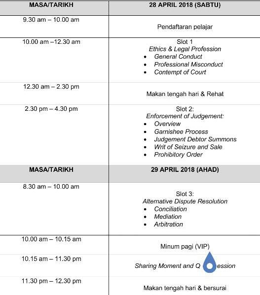 [UPDATE - BENGKEL AMALAN PROFESIONAL 2018]

Bengkel Amalan Profesional bersama Yang Amat Arif Tan Sri Datuk Seri Panglima Richard Malanjum, Hakim Besar Sabah &amp; Sarawak.

Yuran pengertaan: RM 10

Sebarang pertanyaan sila hubungi Nor Emylia Atan di talian 012-5767132.