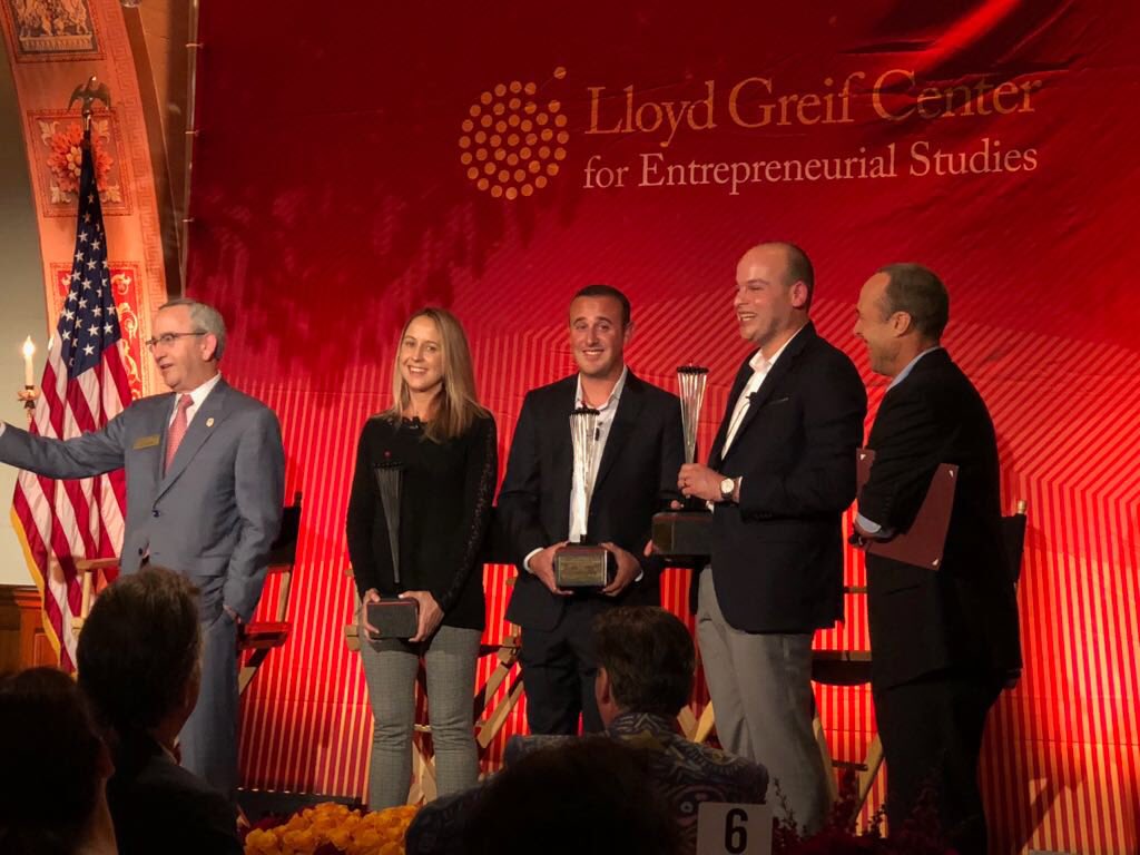 Telesign's tweet photo. Special night as the TeleSign Co-Founders are presented with the @USCMarshall “Entrepreneurs of the Year” award. An incredible honor and well deserved!! Congrats @RyanDisraeli @StacyStubbsLA and Darren! #Entrepreneurs #siliconbeach #telesigntogether @USC https://t.co/OvT7ITqScS