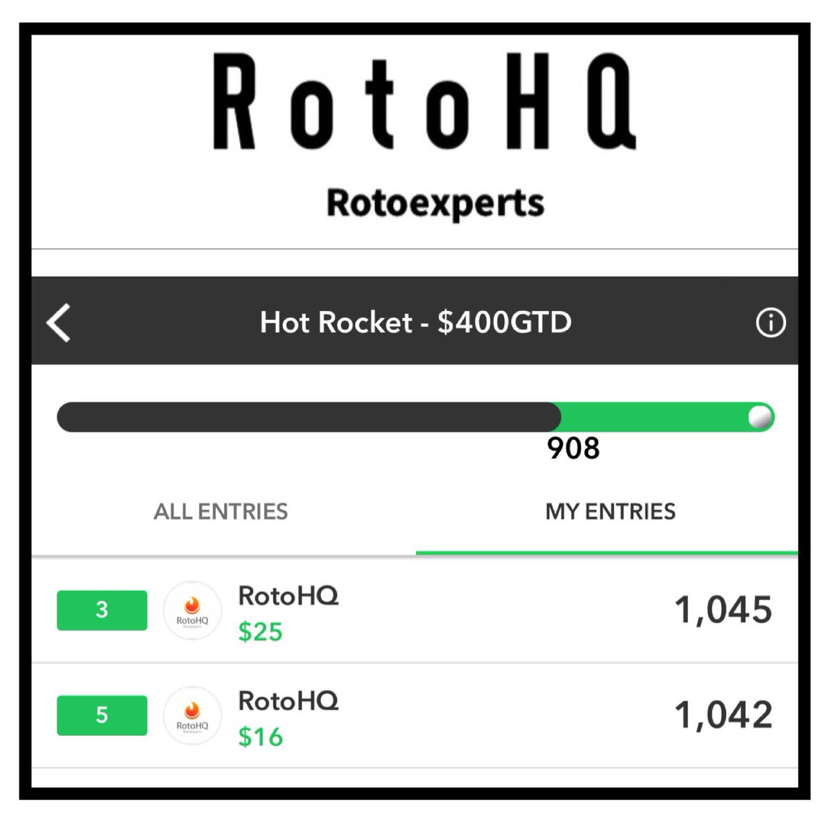 RotoHQ's tweet photo. A stupid stat correction got me, but I’ll still take it. Thanks @PlayLine and @bisping for a great site! Glad I can represent your passion for dfs. P.s. I recruited some studs, watch out Everyone! #DfsForLife #GreenScreens https://t.co/ldn83cWzbw