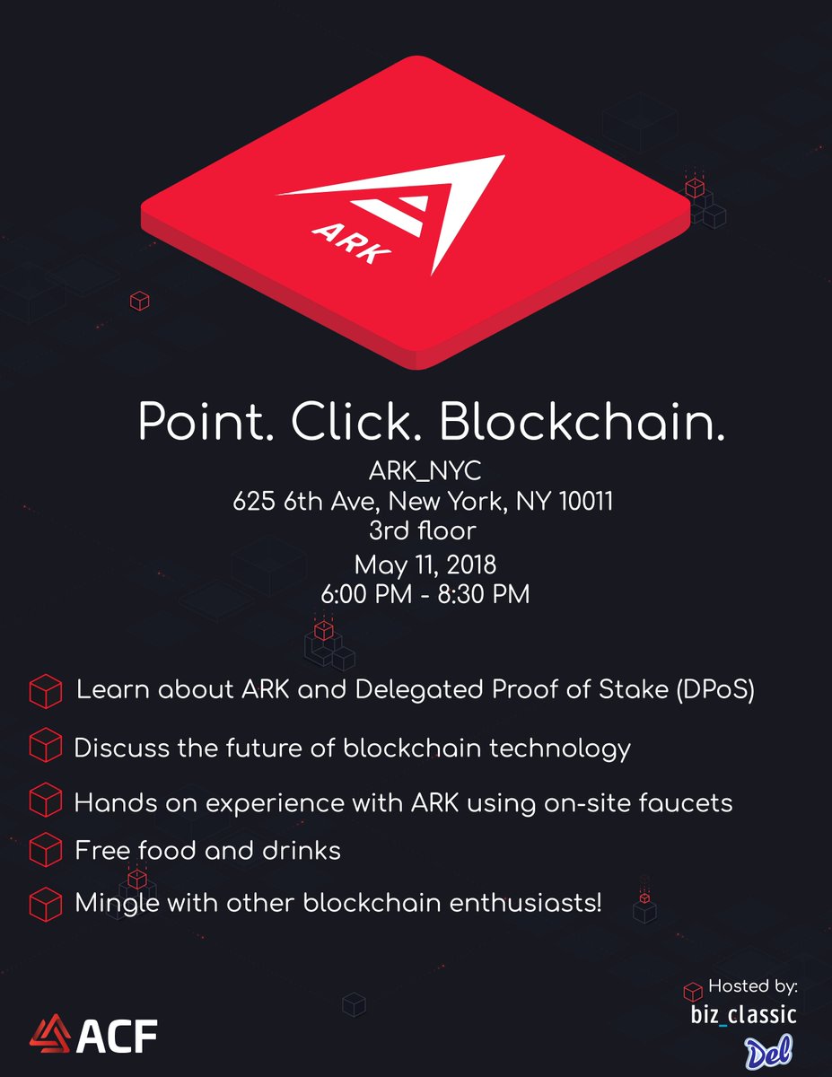DelegateDel's tweet photo. $ARK NYC Event Hosted by yours truly and @biz_classic! Join us for an eventful night! Sign up here: https://t.co/yf3712CZTA #cryptocurrency #blockchain #consensus #ark #dpos #pointclickblockchain https://t.co/VPbSb67iBC