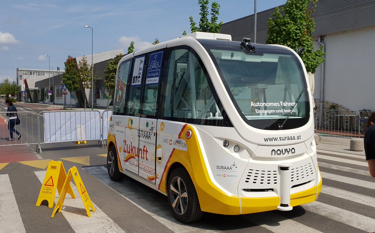 AVLivingLab's tweet photo. Visitors are impressed by Navya, the first fully #AutonomousVehicle in Slovenia. This type of shuttle is ideal for shaping the urban #mobility of the future! #LivingLabX https://t.co/p6wRUaEJBc