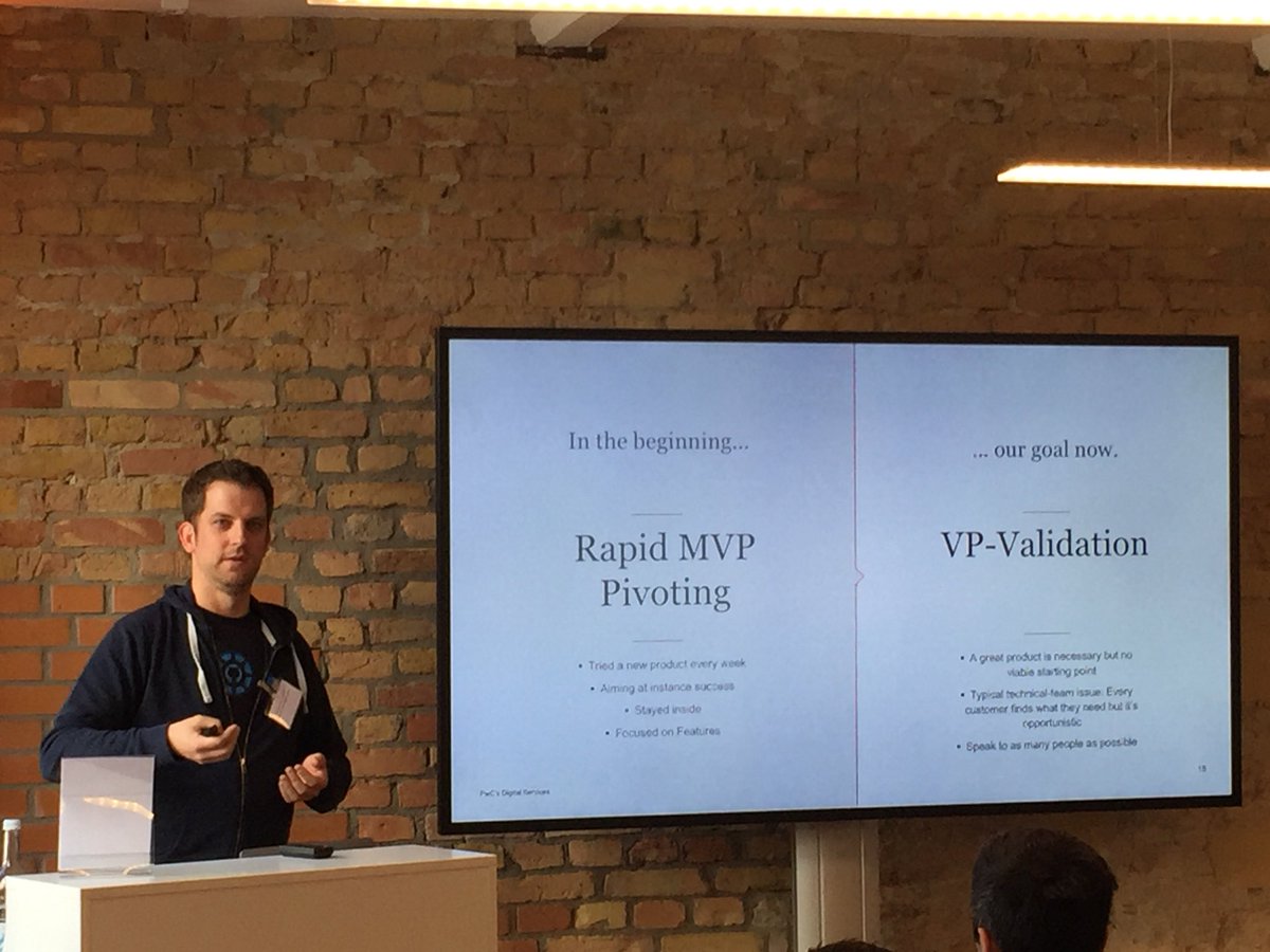 AndreasLeicher's tweet photo. Focus on validating your value proposition, not on adding more tech features. Reduce the risk of missing out on product market fit. @frederikvollert on the journey of @phraseapp during @PwCDigital developer day #startup #digital #leanstartup https://t.co/gb3Bvo5YV4