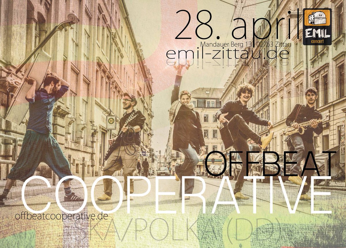 OffbeatCoop's tweet photo. Samstag 28.04.18 um 21:00 Uhr spielen wir im #EMIL in #Zittau. Wir bringen Euch auf unserem Debut Album #ESCAPADEN viel Liebe, #Ska und #Polka mit. Bis denne <3 https://t.co/pygJiOU651