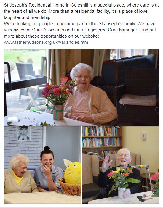 St Joseph's Residential Home in Coleshill is recruiting Care Assistants and a Registered Care Manager. Find out more about these opportunities > fatherhudsons.org.uk/vacancies.htm
