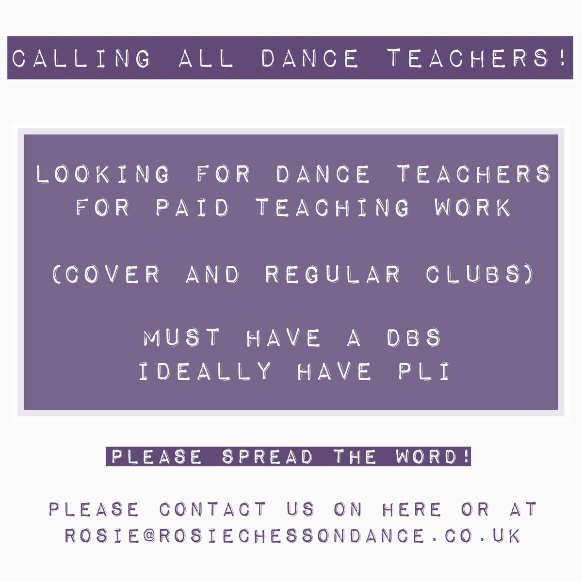 Looking for fantastic #Danceteachers for #paidopportunities teaching cover as well as weekly classes. If you are interested, are reliable & have a DBS please contact us for more info 🙌 Looking forward to hearing from you!
Rosie@rosiechessondance.co.uk
#teachingwork #dancejob