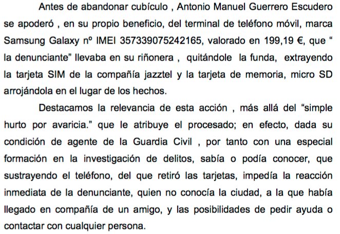 dbravo's tweet photo. Muy significativa la cuestión del hurto del móvil, que para la sentencia significa mucho más que un simple hurto y que habría sido el modo en el que uno de los condenados, especialmente por el conocimiento que tiene por ser Guardia Civil, trató de evitar la reacción de la víctima https://t.co/v1ll008b8D