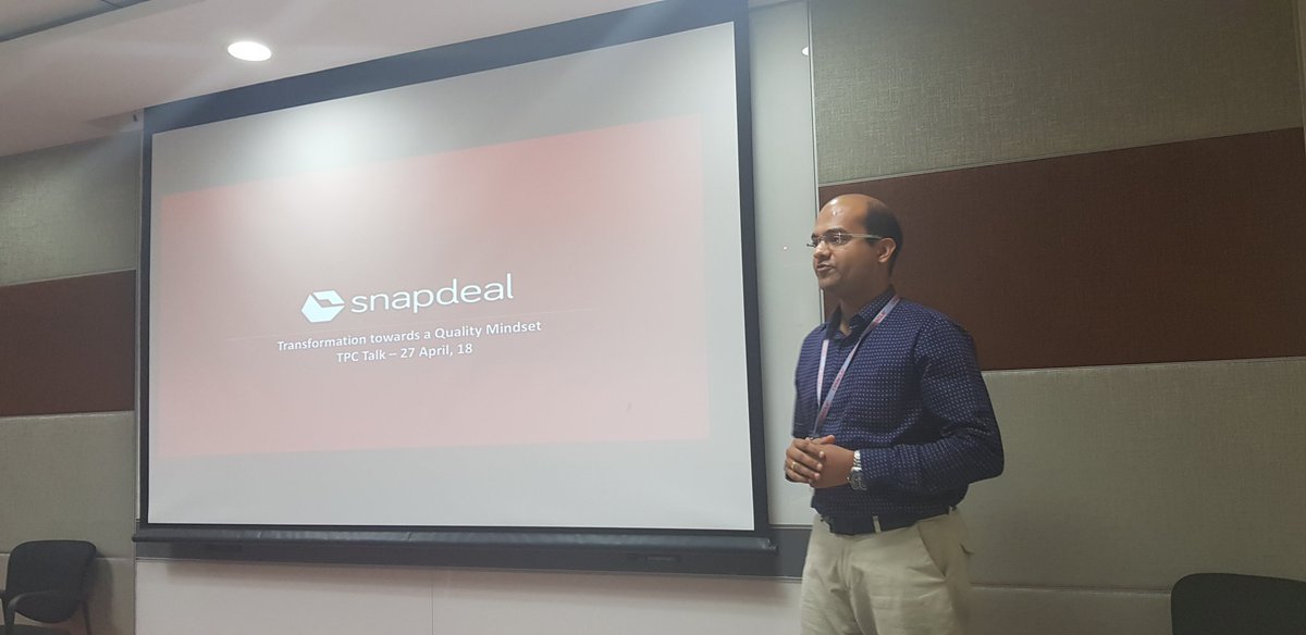 smitapmishra's tweet photo. @gaurav_bansal from @snapdeal goes through a case study sharing his experience of 'Transformation to Quality Mindset'. Attendees can't have enough of his story...engaging questions all the way. #TestPractitionersClub https://t.co/lNcyra15xP