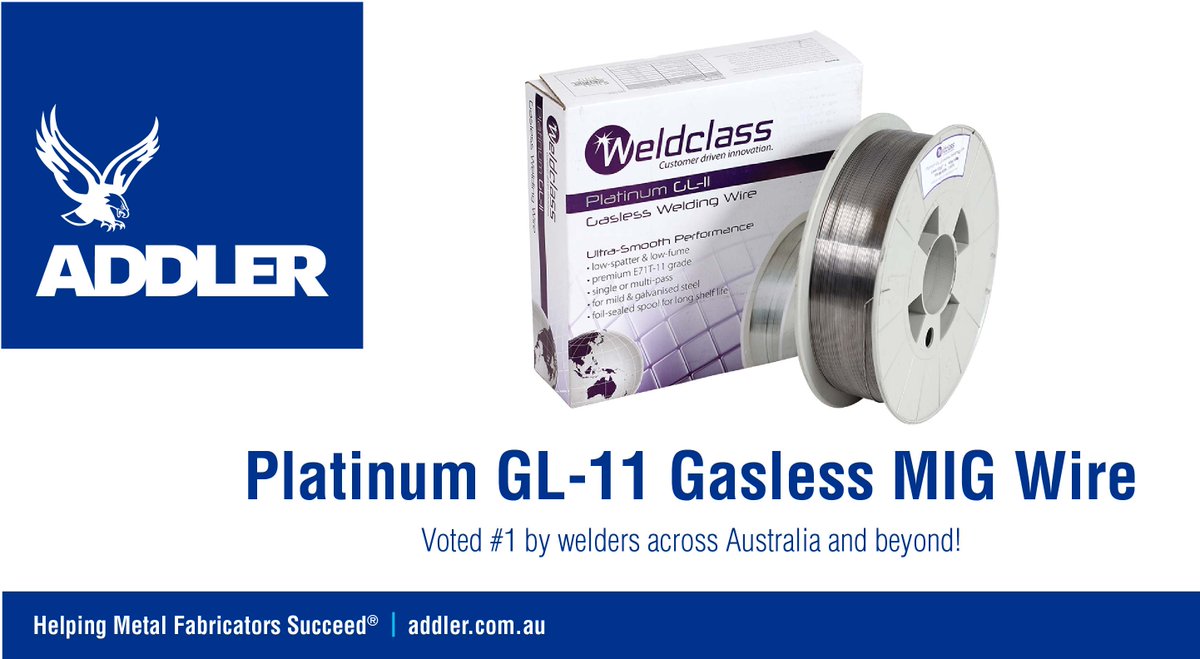ADDLER_Group's tweet photo. Are you using the best Gasless MIG Welding Wire? Check out Weldclass Platinum GL-11 https://t.co/WAOS5ugHEs
#ADDLER #HelpingMetalFabricatorsSucceed
@WeldclassAU @ADDLER_Group https://t.co/Z8wAXeY7KX