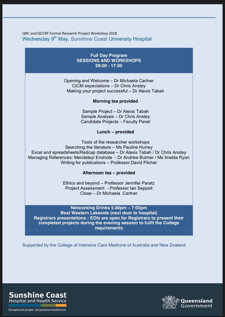 SunnyCoastMedEd's tweet photo. @qccrn is coming to the @sunshinecoastoz for a research workshop on the 9th and the 2nd annual #QCCRF on the 10th of May. Still some places left. @anzics @CICMANZ #research #criticalcare #SCHI #SCUH https://t.co/3F9hWshOKL