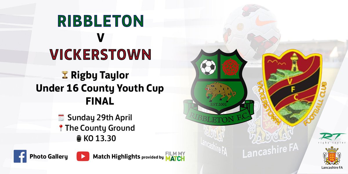 🏆 Sunday's <a href="/rigbytaylor/">Rigby Taylor</a> Under 16 County Youth Cup final sees <a href="/RibbletonFC/">Ribbleton FC</a> and <a href="/VtownFCofficial/">Vickerstown FC</a> go head-to-head!