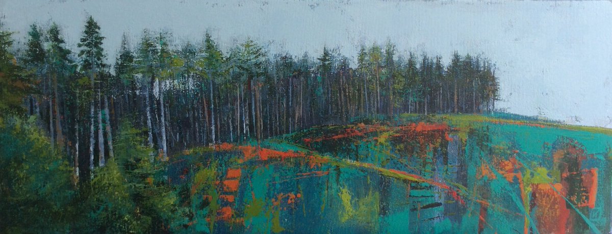 I do enjoy working on a wide canvas.   Enjoyed letting the paint do its thing on this one.  Another for St Andrews.